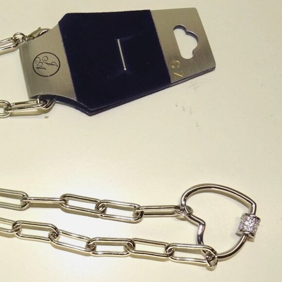 Silver Heart Link Necklace W/ CZ Accents For Women Stainless Steel Chain Elegant - Picture 3 of 4